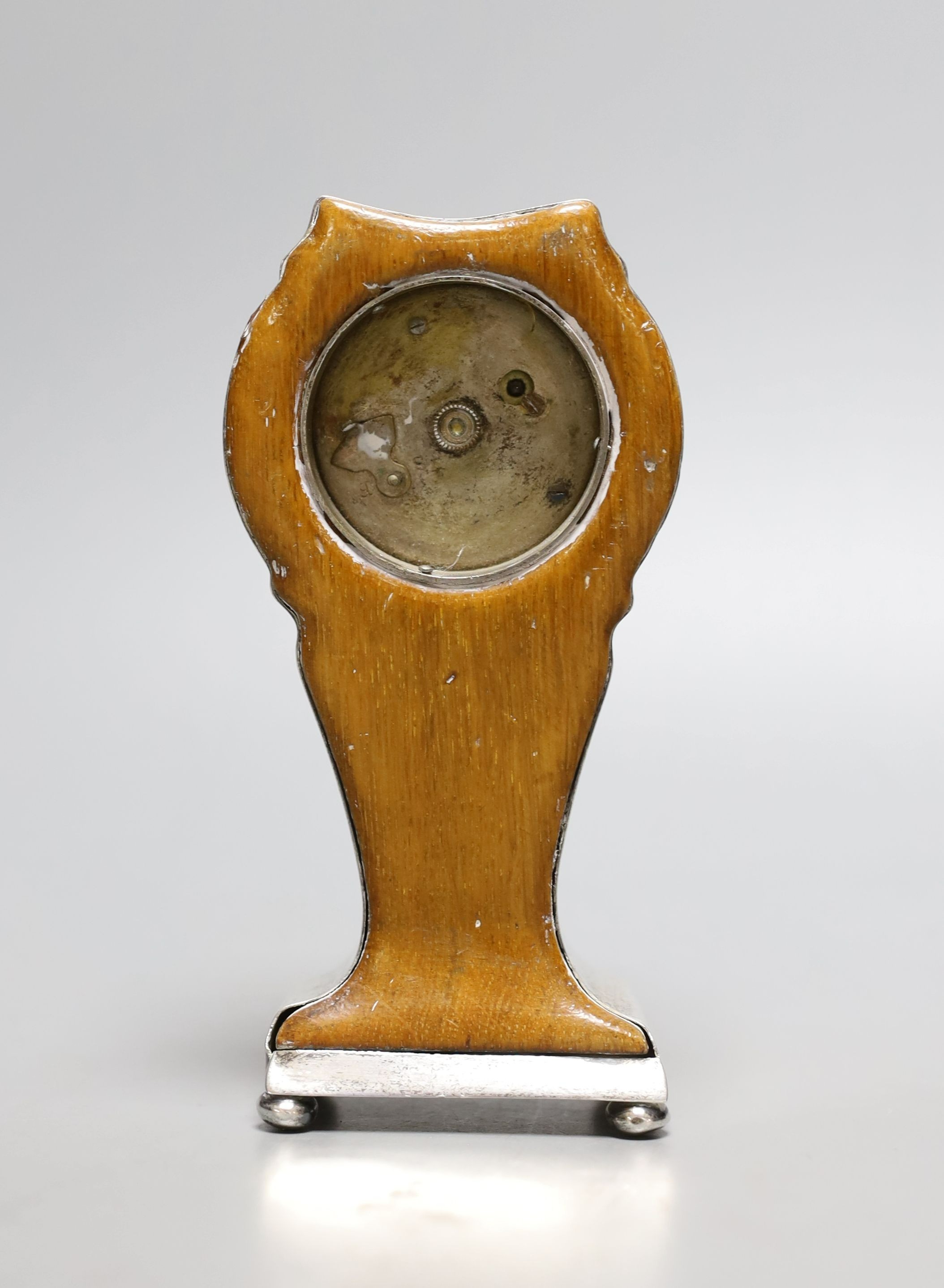 A George V engraved silver mounted mantel timepiece, on ball feet, Birmingham, 1912, 13.2cm